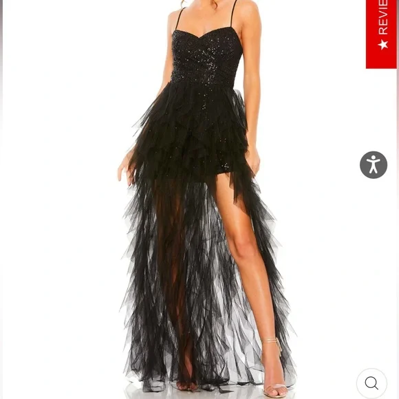 Mac Duggal Black Sequin Mini Gown With High Low Ruffle Tiered Train - Reemoly